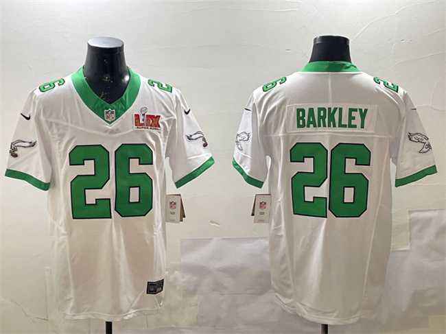 Mens Philadelphia Eagles #26 Saquon Barkley White 2025 Super Bowl LIX Patch F.U.S.E. Vapor Untouchable Limited Stitched Jersey